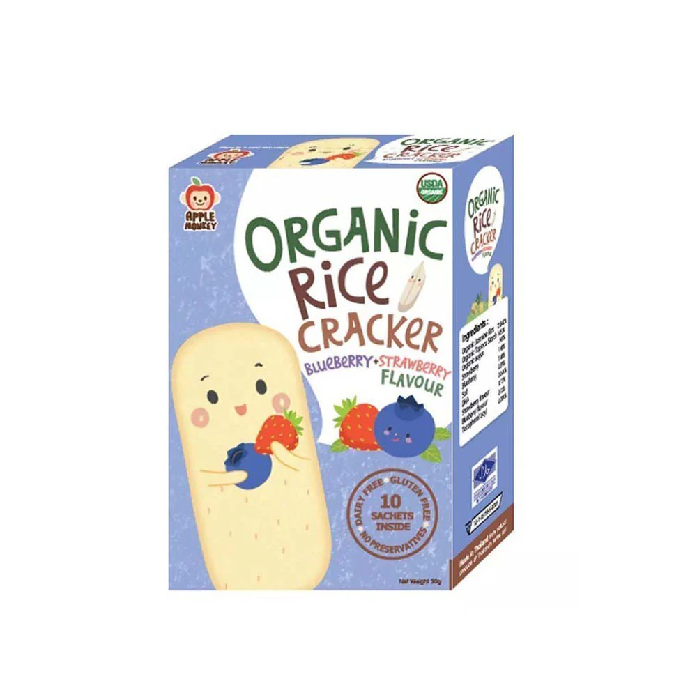 APPLE MONKEY ORGANIC RICE CRACKER BLUEBERRY STRAWBERRY 30G