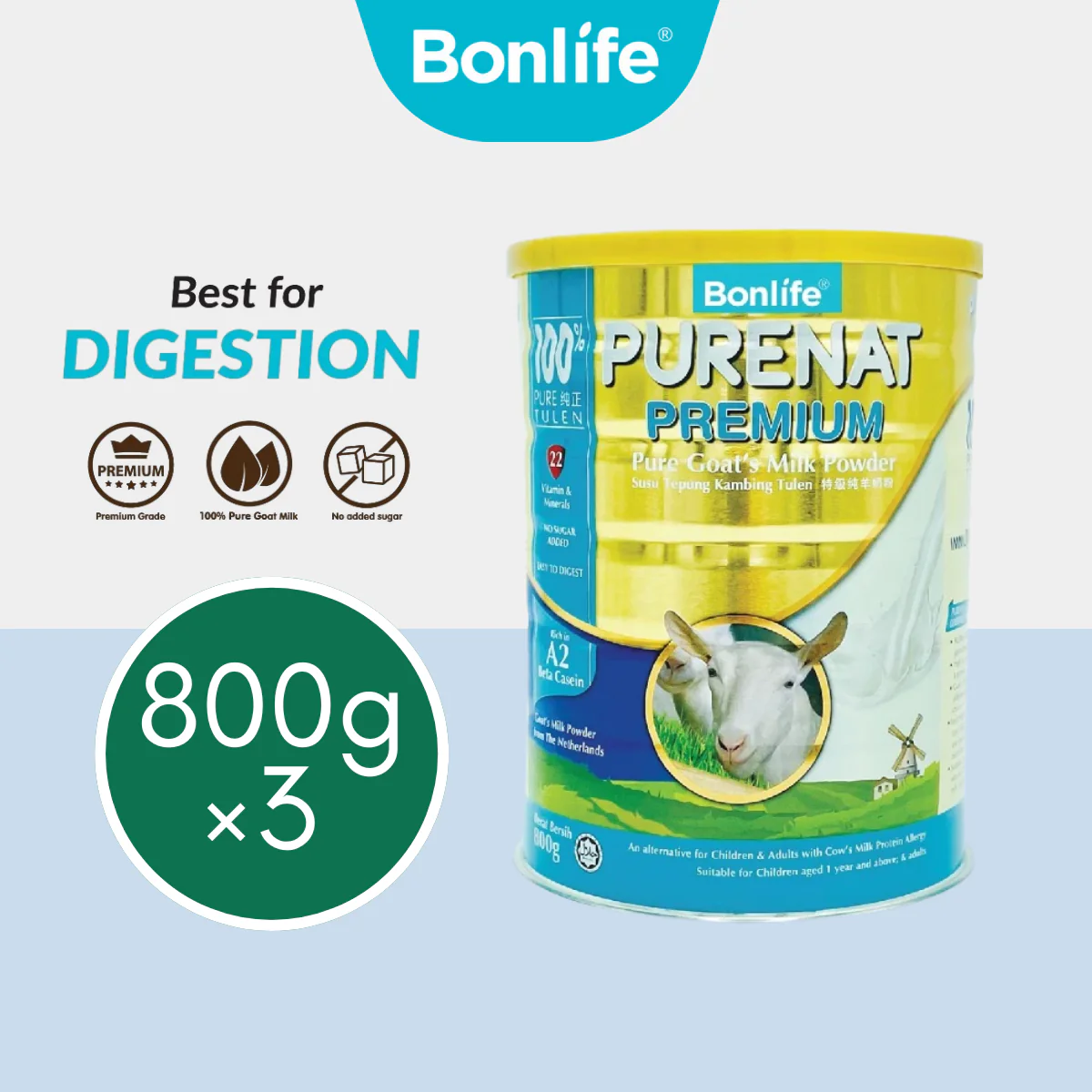 BONLIFE Purenat Premium Goat Milk Powder 800g x 3