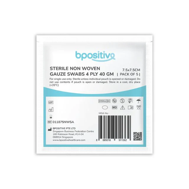 BPOSITIVE STERILE NON WOVEN GAUZE SWABS 7.5CMX7.5CM 4PLY 5S