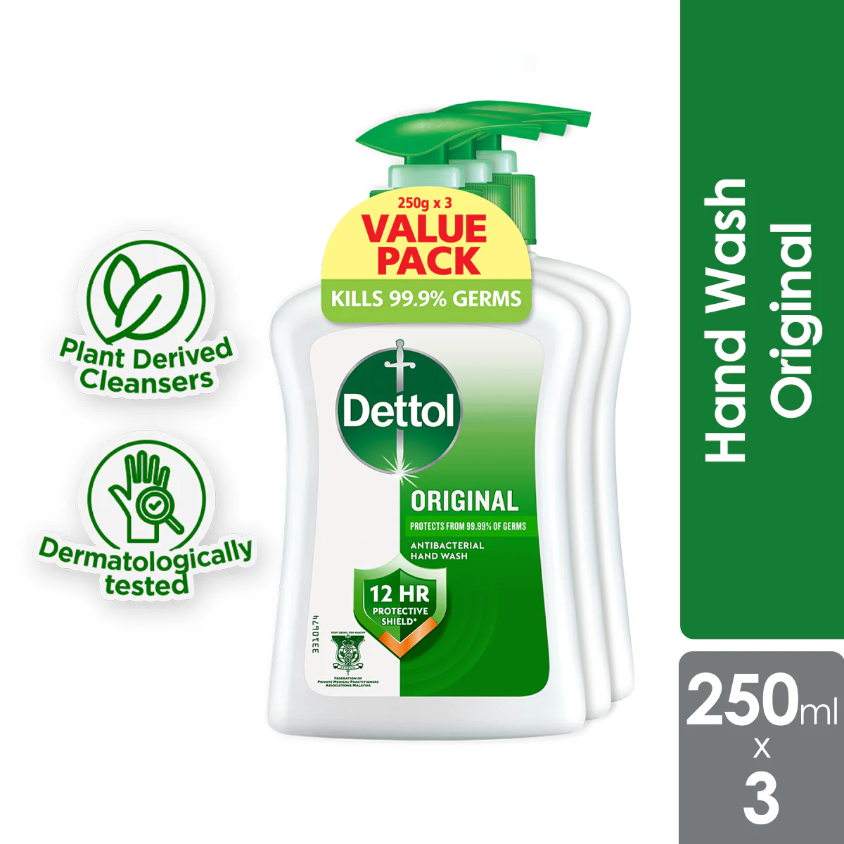DETTOL ANTIBACTERIAL HAND WASH LIQUID ORIGINAL 250ML 3S