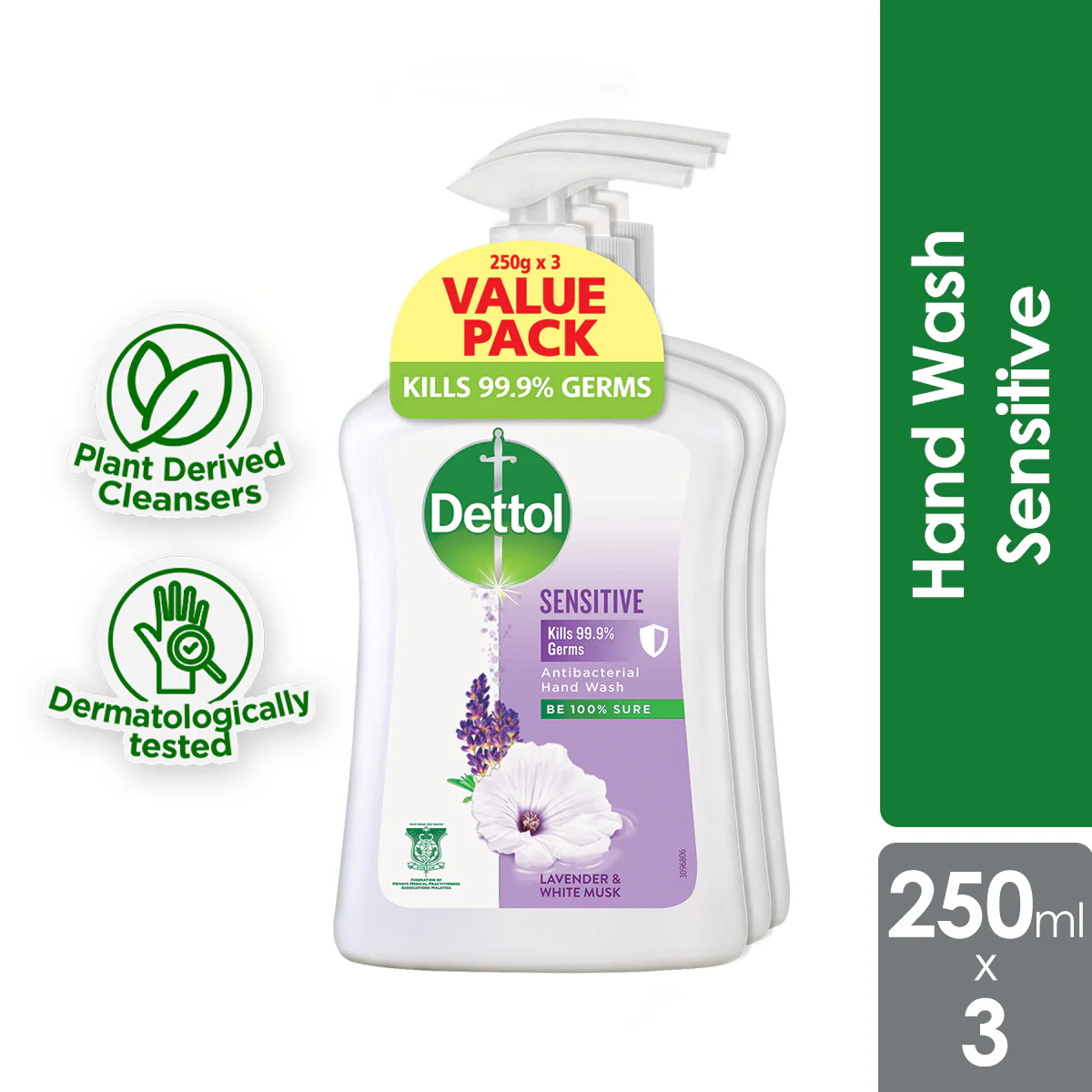 DETTOL ANTIBACTERIAL HAND WASH LIQUID SENSITIVE 250ML 3S