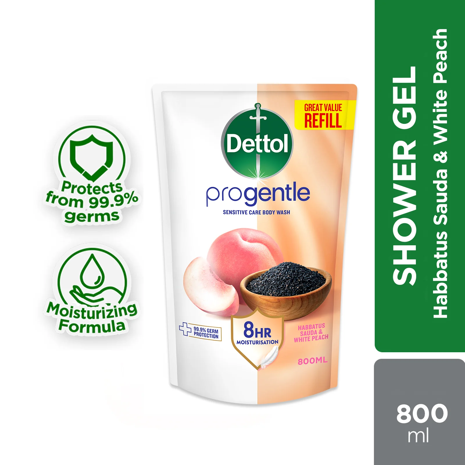 DETTOL PROGENTLE BODY WASH HABBATUS SAUDA & WHITE PEACH REFILL 800G