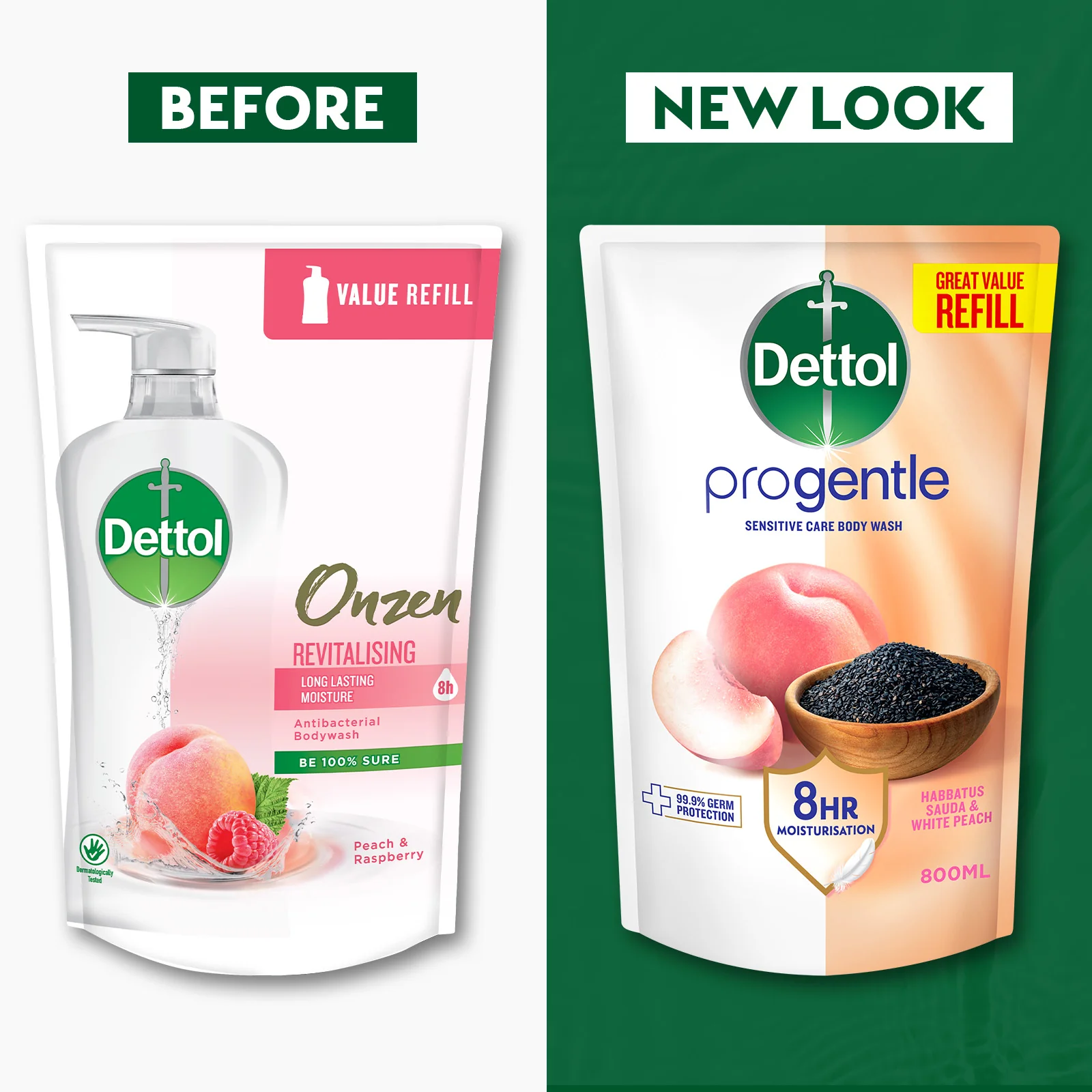 DETTOL PROGENTLE BODY WASH HABBATUS SAUDA & WHITE PEACH REFILL 800G - Image 2