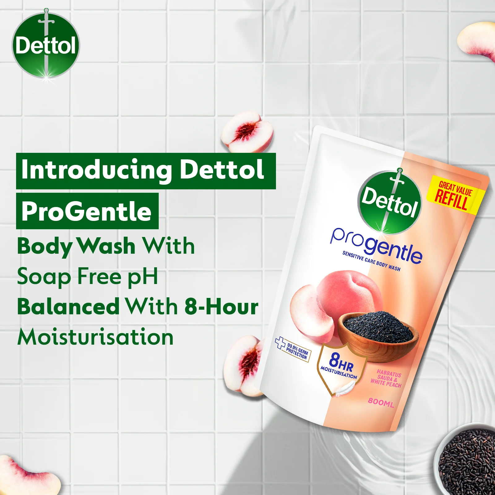 DETTOL PROGENTLE BODY WASH HABBATUS SAUDA & WHITE PEACH REFILL 800G - Image 3