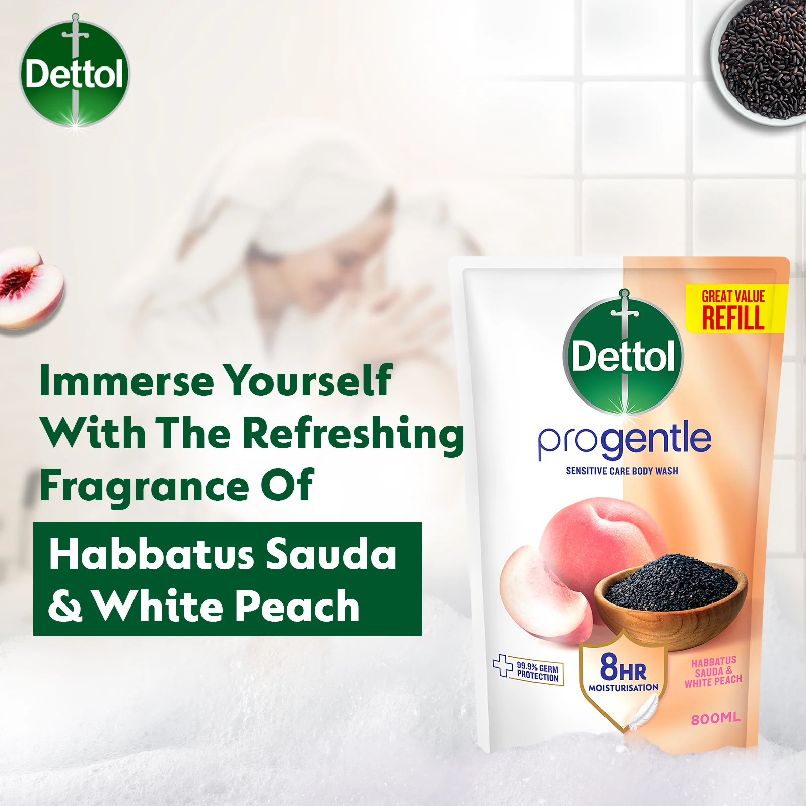 DETTOL PROGENTLE BODY WASH HABBATUS SAUDA & WHITE PEACH REFILL 800G - Image 5