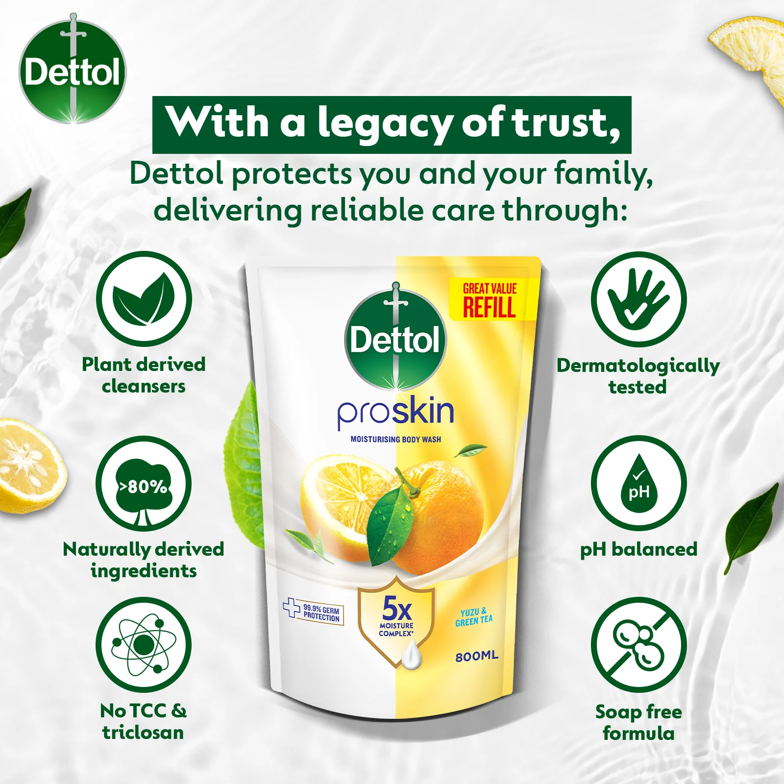 DETTOL PROSKIN BODY WASH BOTANICALS YUZU & GREEN TEA REFILL 800G - Image 6