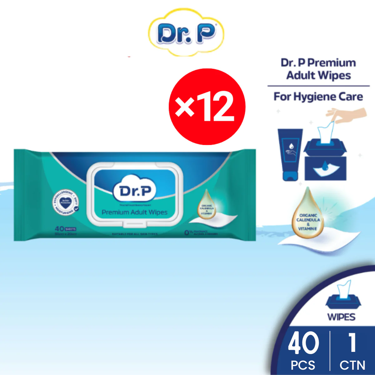 Dr P Premium Adult Wipes 40S × 12