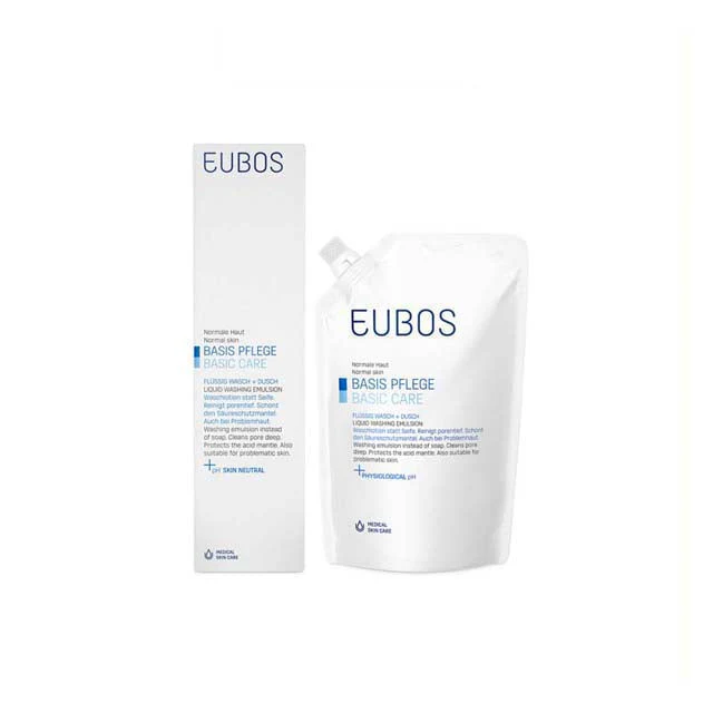 EUBOS BASIC LIQUID WASH EMULSION FRAGRANCE FREE BLUE 400ML + REFILL 400ML