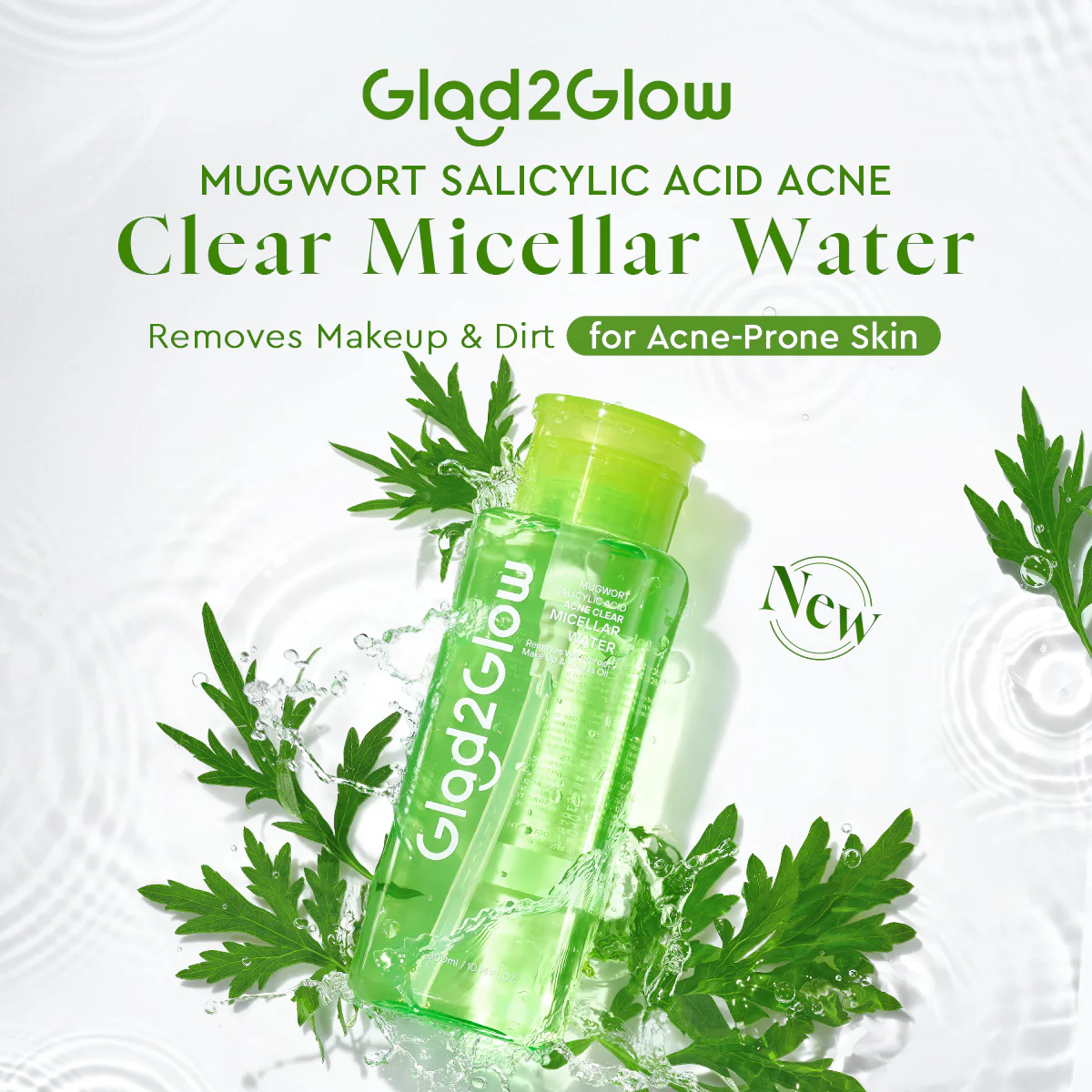 GLAD2GLOW MUGWORT SALICYLIC ACID ACNE CLEAR MICELLAR WATER 300ML - Image 2