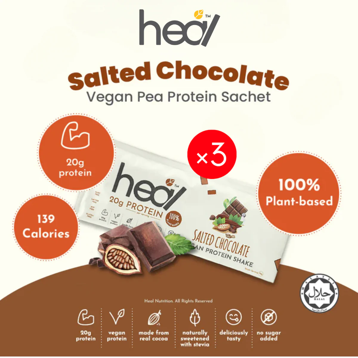 HEAL SALTED CHOC VEGAN PROTEIN 36G x 3