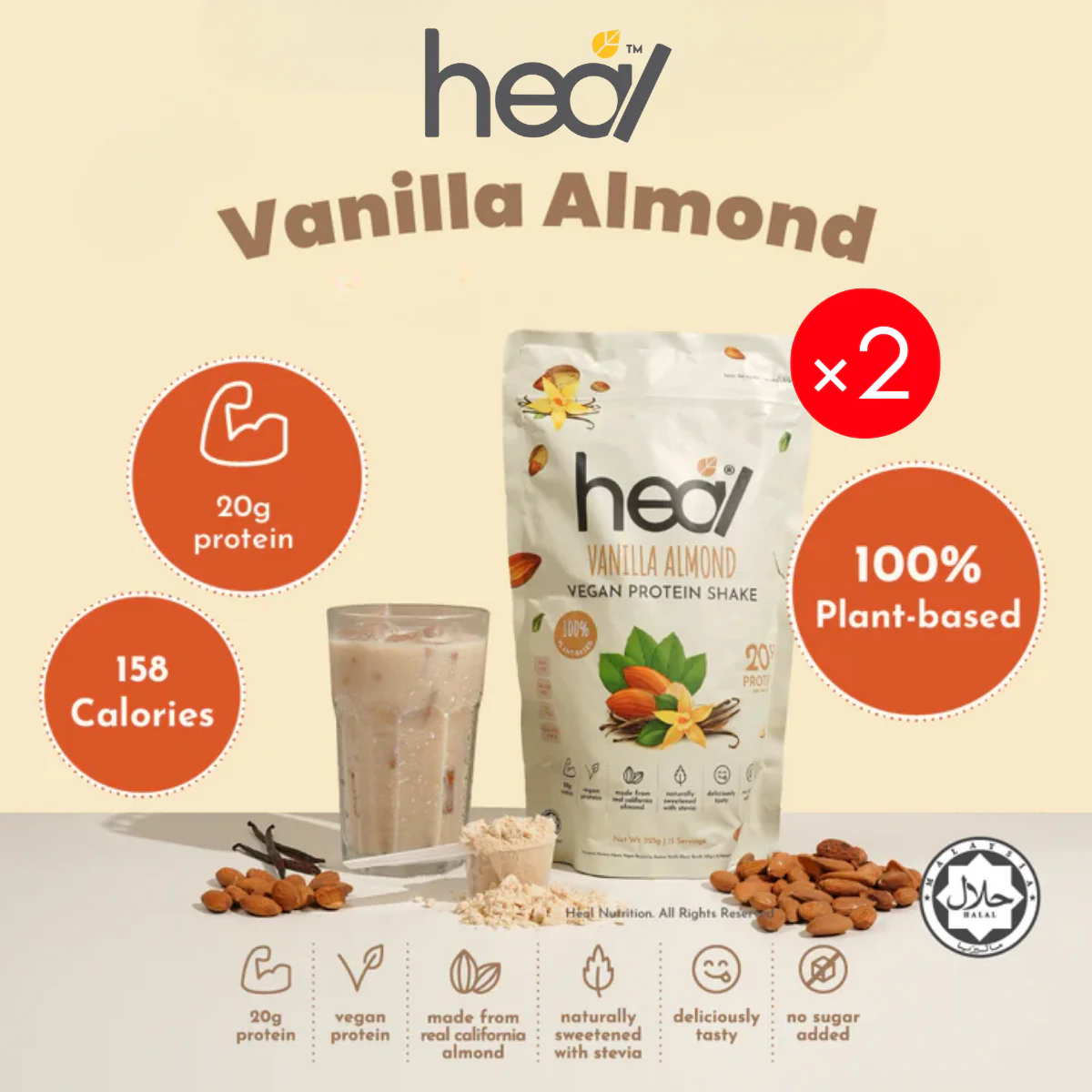 HEAL VANILLA ALMOND VEGAN PROTEIN SHAKE 525G × 2