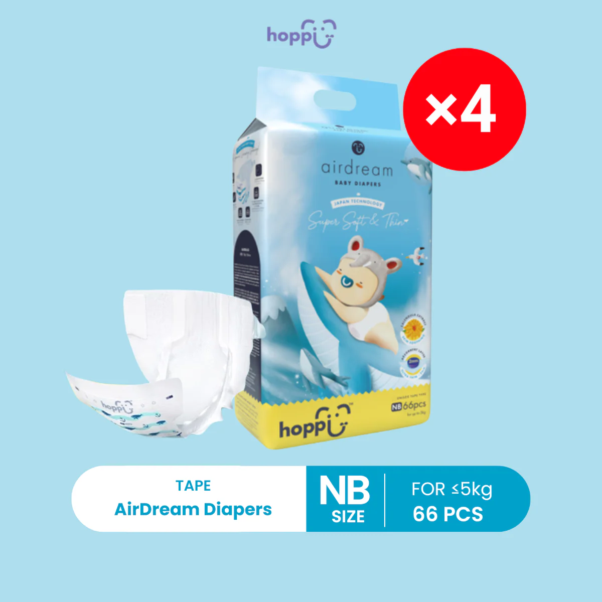 HOPPI NB DIAPERS 66S X 4
