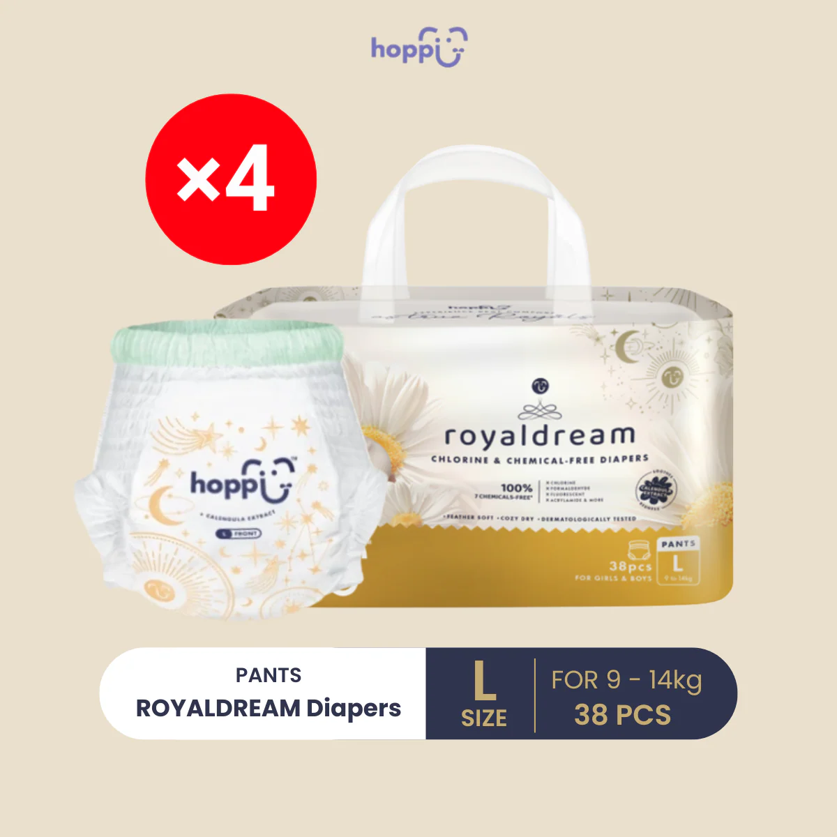 HOPPI ROYAL DREAM PANTS DIAPERS L 38S X4
