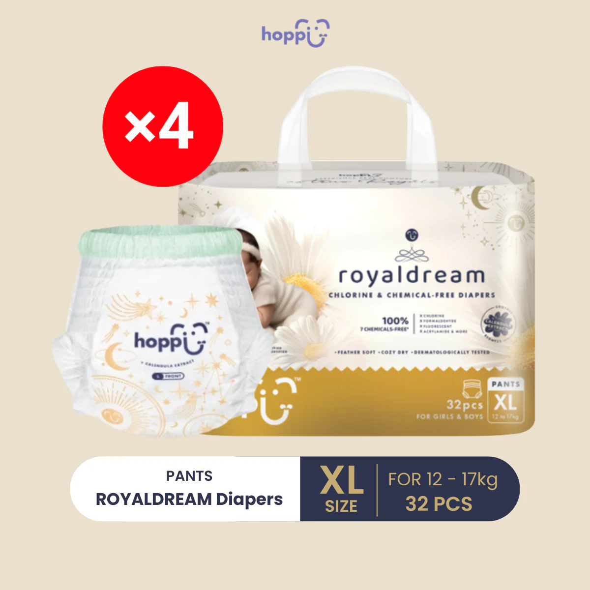 HOPPI ROYAL DREAM PANTS DIAPERS XL 32S X4