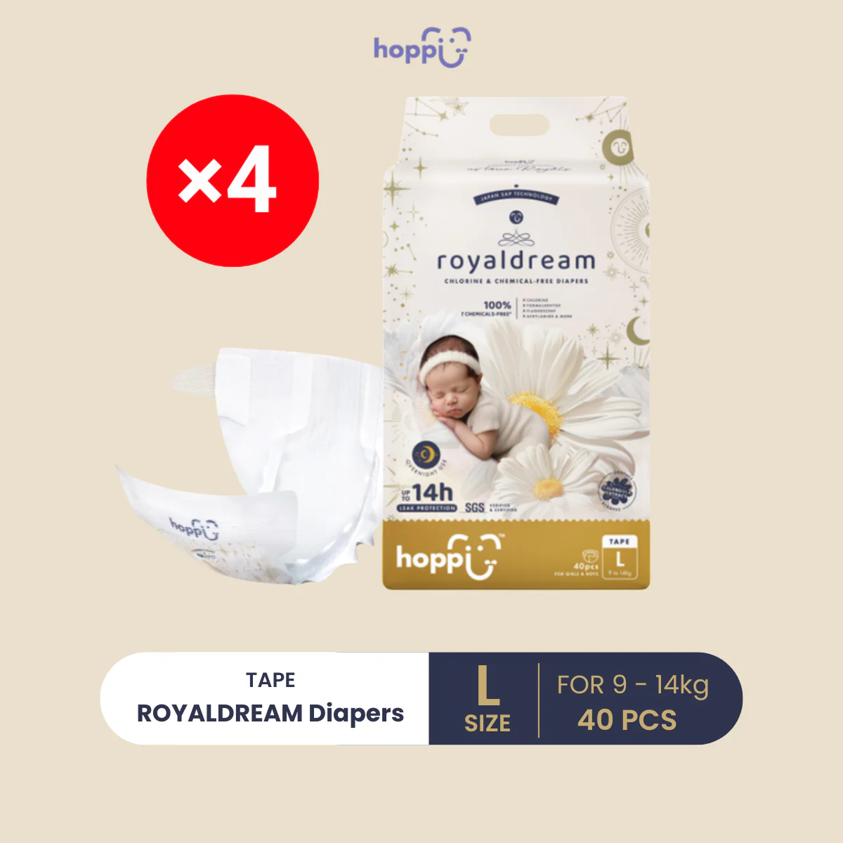 HOPPI ROYAL DREAM TAPE DIAPERS L 40S X4