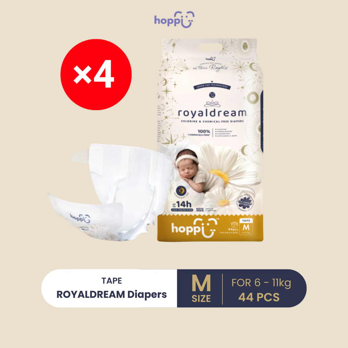 HOPPI ROYAL DREAM TAPE DIAPERS M 44S X4
