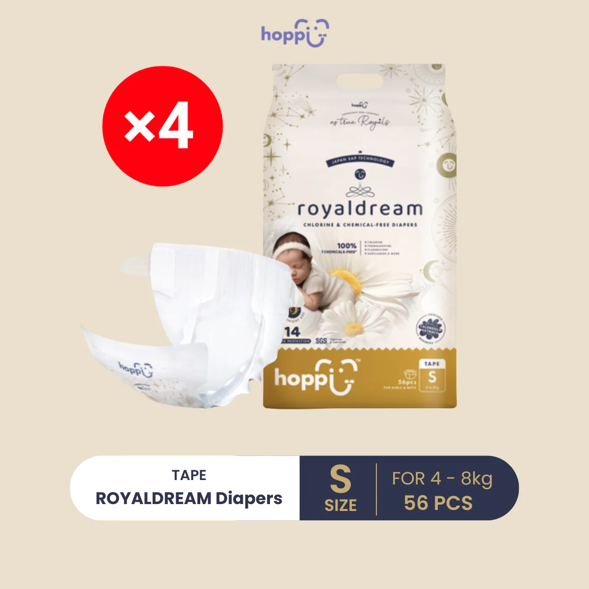 HOPPI ROYAL DREAM TAPE DIAPERS S 56S X4