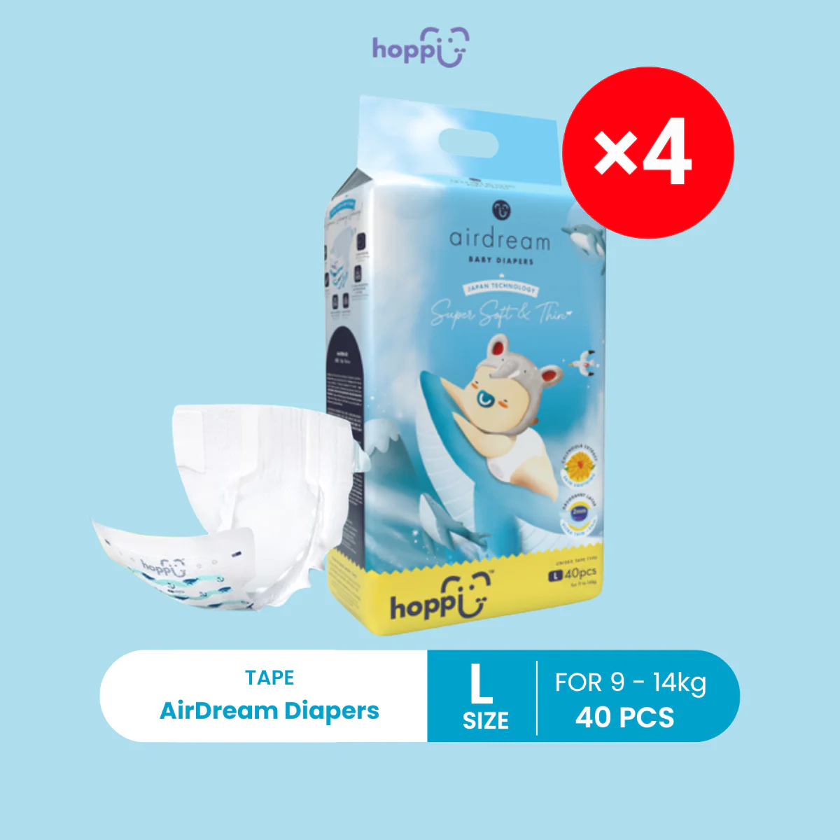 HOPPI TAPE DIAPERS L 40S X 4