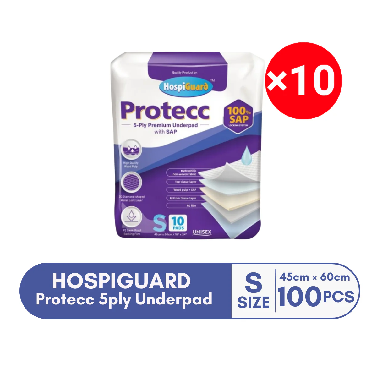 HOSPIGUARD PROTECC 5PLY UNDERPAD 45CM X 60CM 10S × 10