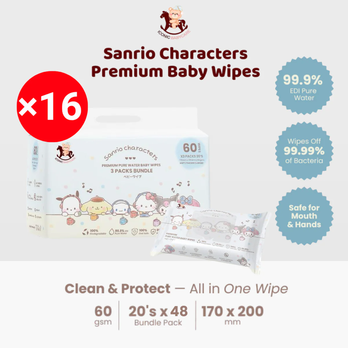 ICONIC X SANRIO BABY WIPES SANRIO CHARACTER 80S X 4