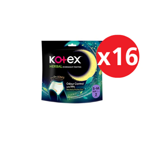 KOTEX OVERNIGHT PANTIES HERBAL S/M 2S × 16