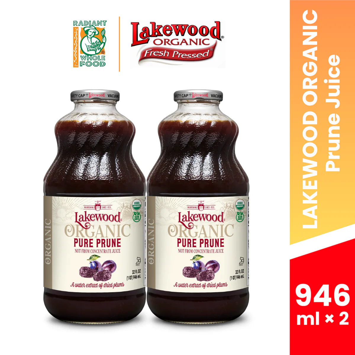 LAKEWOOD ORG PURE PRUNE JUICE 946ML × 2