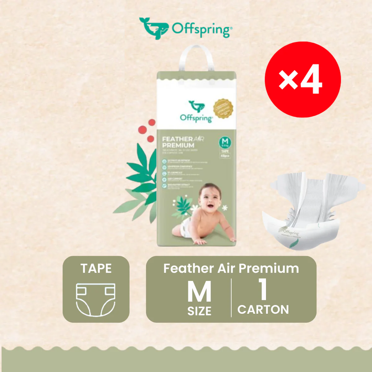 OFFSPRING FEATHER AIR PREMIUM TAPE DIAPER M 48S X 4