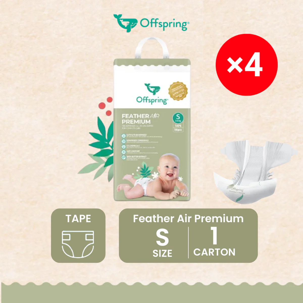 OFFSPRING FEATHER AIR PREMIUM TAPE DIAPER S 56S X 4