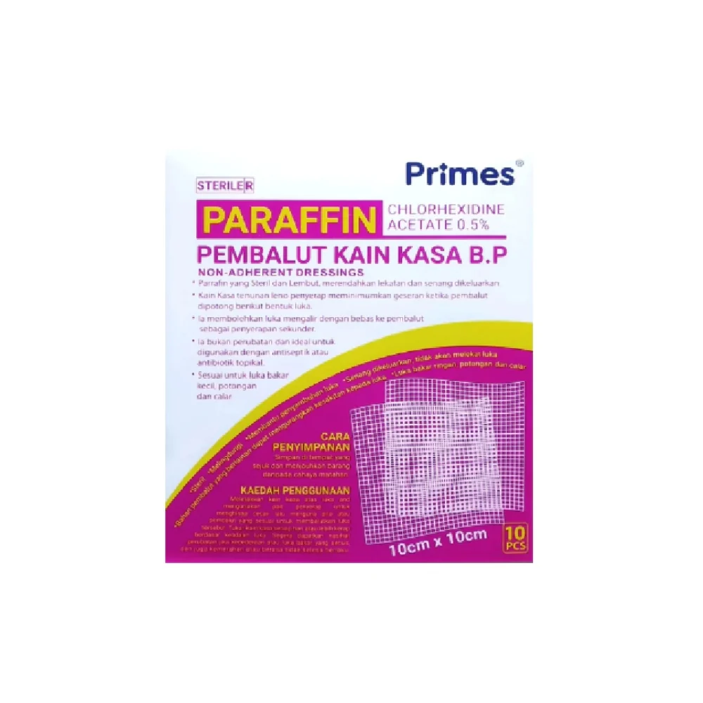 PRIMES PARAFFIN GAUZE DRESSING W/CHLORHEXIDINE ACETATE 10X10CM 10S