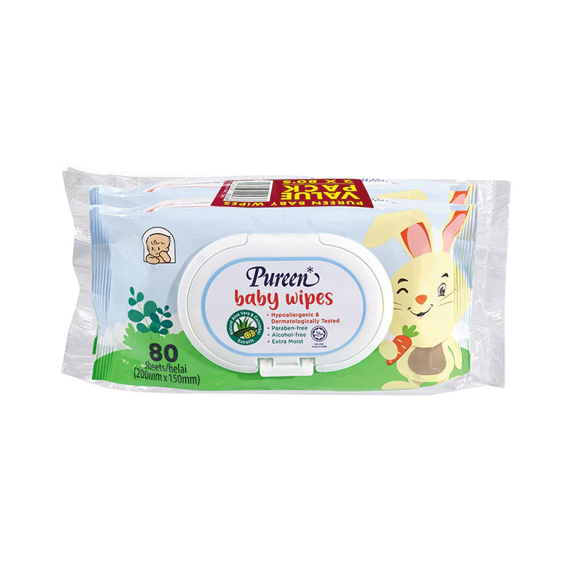 PUREEN BABY WIPE EXTRA MOIST VITAMIN E & ALOE VERA ALCOHOL FREE BLUE 80SX2