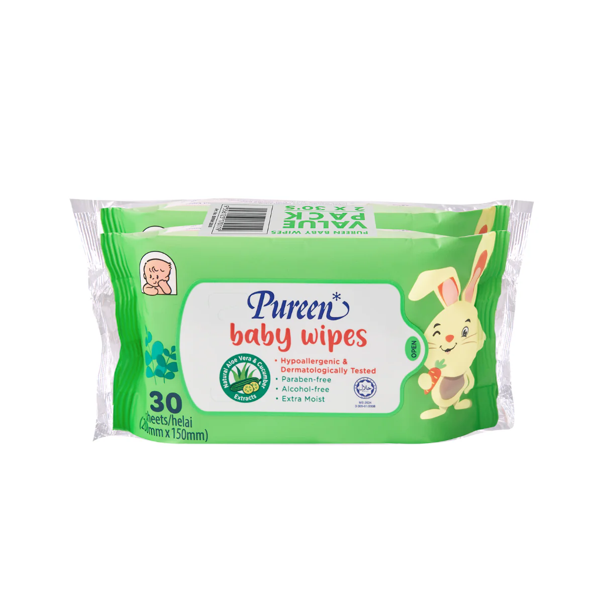 PUREEN BABY WIPES 2X30S (GREEN)