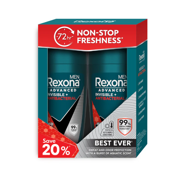 REXONA MEN DEODORANT ROLL ON ADVANCED PROTECT INVISIBLE+ANTIBACTERIAL 45ML 2S