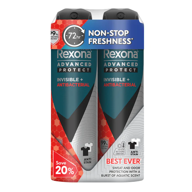 REXONA MEN DEODORANT SPRAY ADVANCED PROTECT INVISIBLE+ANTIBACTERIAL 135ML 2S