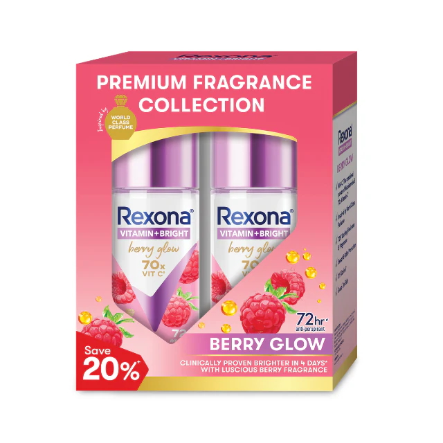 REXONA WOMEN DEODORANT ROLL ON VITAMIN + BRIGHT BERRY GLOW 45ML 2S