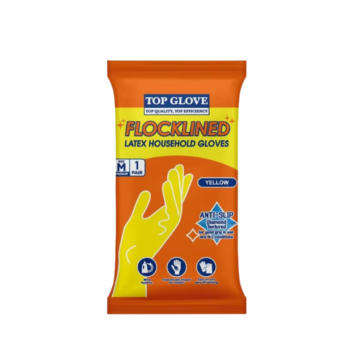TOP GLOVE FLOCKLINED LATEX HOUSEHOLD GLOVES YELLOW M 1P