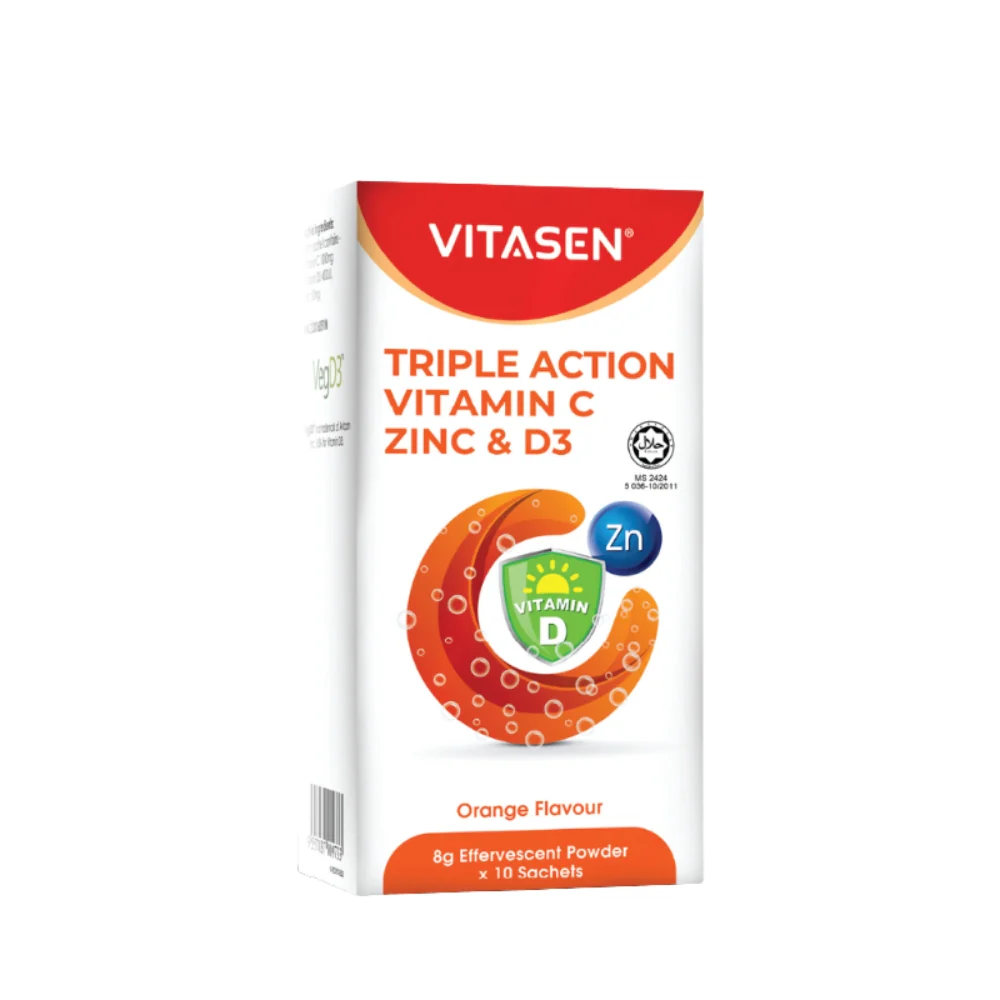 VITASEN TRIPLE ACTION VITAMIN C ZINC& D3 EFFERVESCENT POWDER (OR) 10S